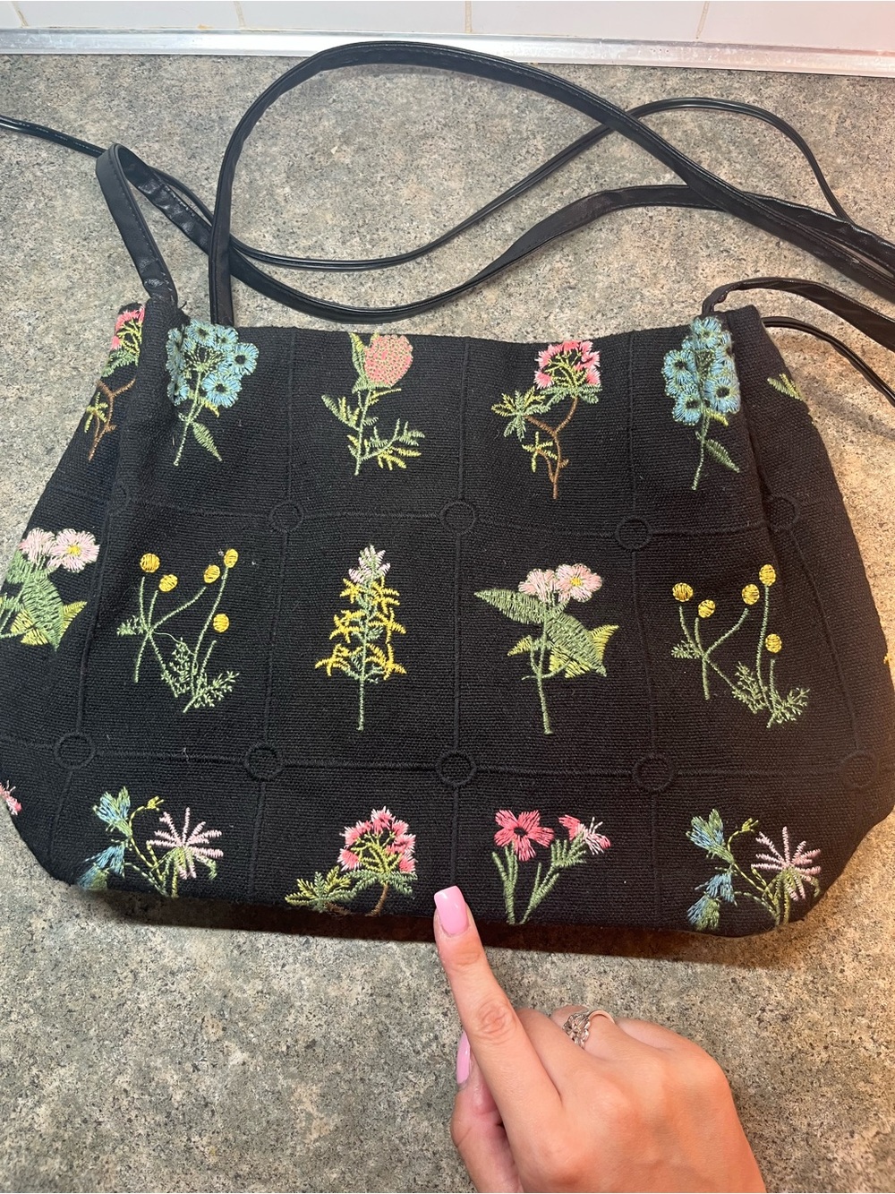 Black Floral Embroidered Shoulder Bag